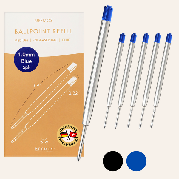 A six-pack of Mesmos ballpoint refills in blue, 1.0mm medium oil-based ink, 3.9 inches long, shown with black and blue colour swatches.