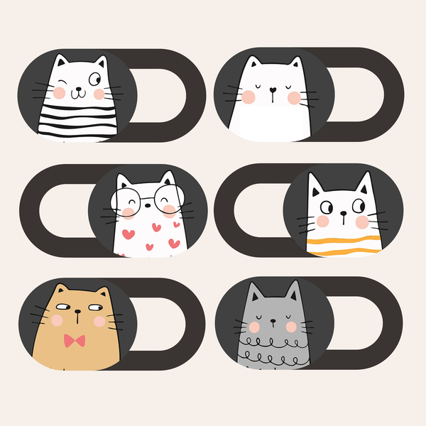 Six black sliding webcam covers, each printed with a different cartoon cat face.