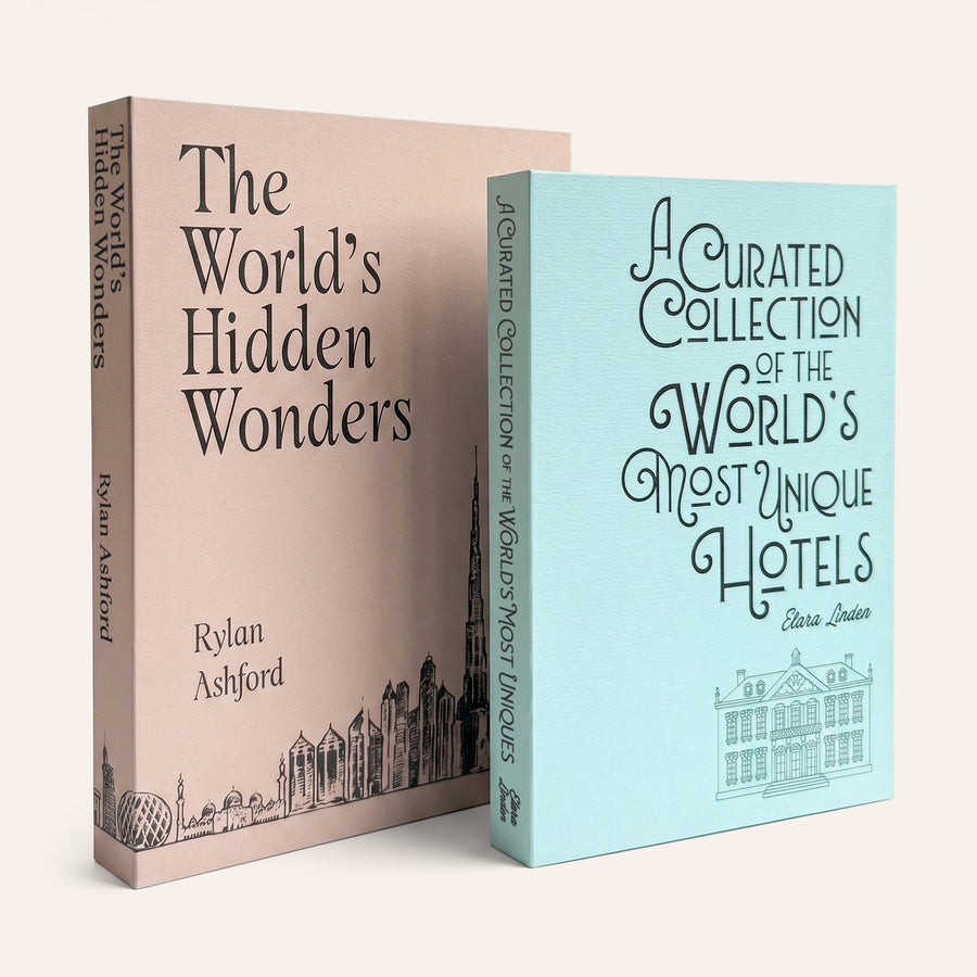 Two decorative storage books with travel-themed covers