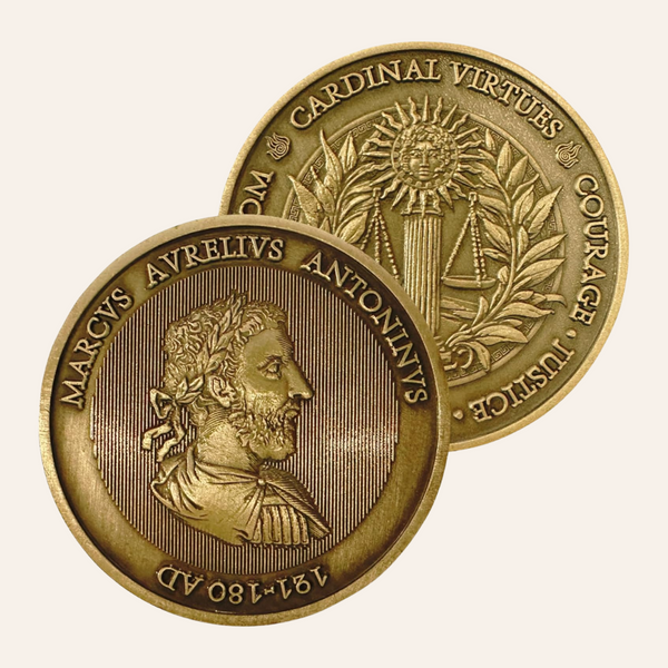 Two sides of the antique brass Stoic coin, showing Marcus Aurelius and the four cardinal virtues: courage, justice, temperance and wisdom.