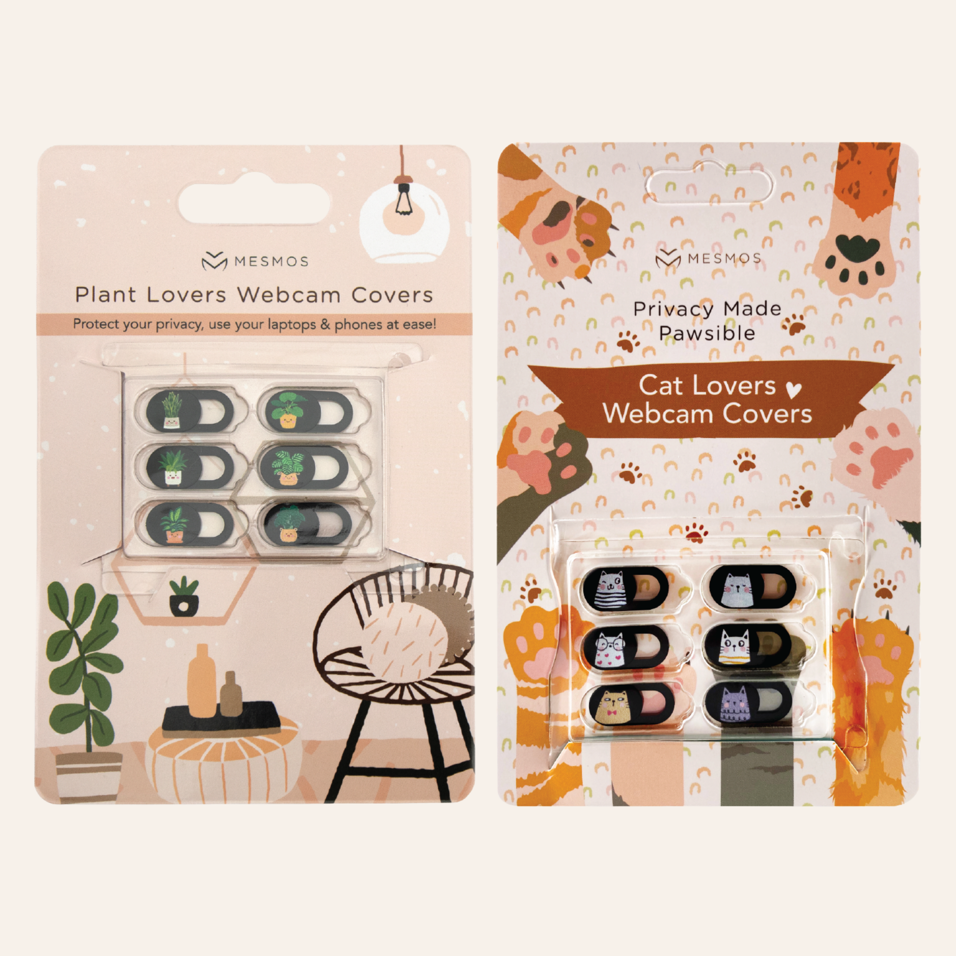Two packages of webcam covers with plant and cat-themed designs on a white background.-