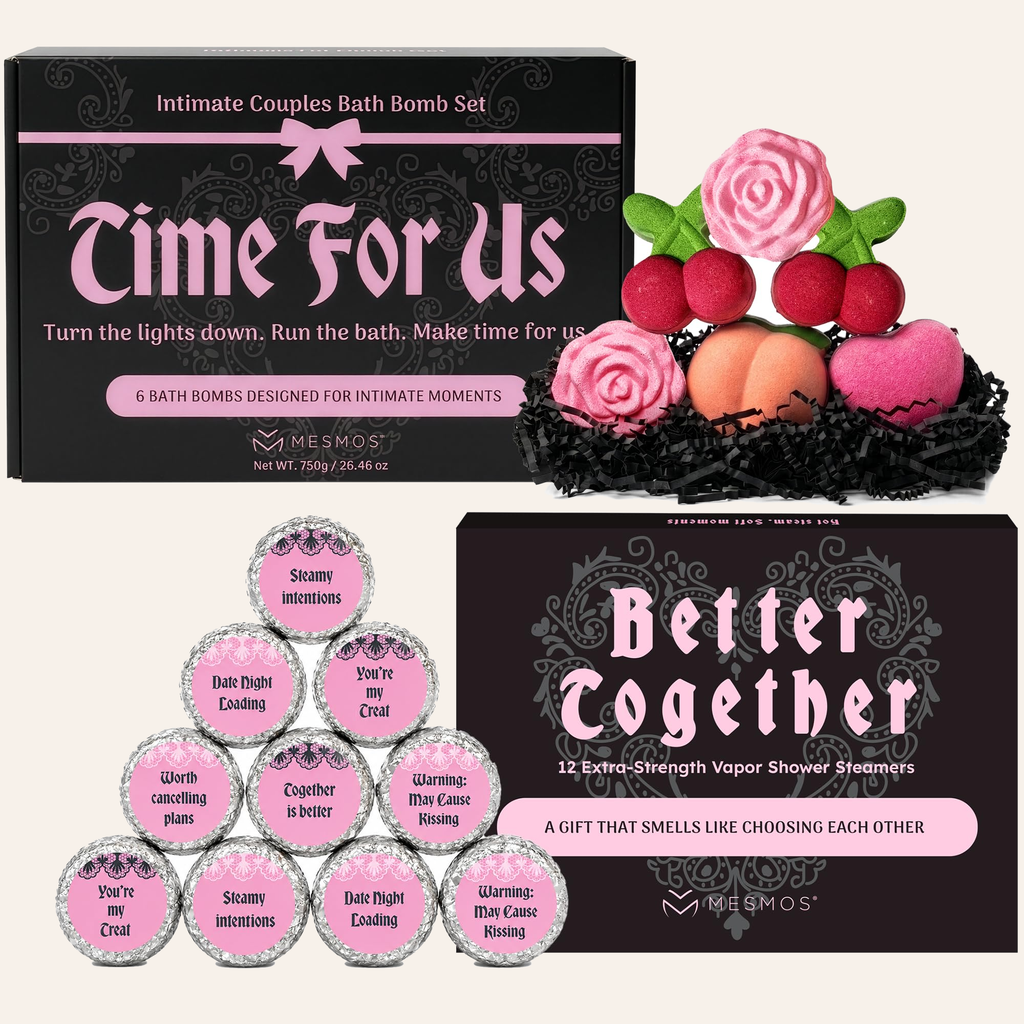 The couples gift set: the black Time For Us box of six rose, cherry, peach and heart shaped bath bombs above the Better Together box of twelve shower steamers, each steamer labelled Steamy intentions, Date Night Loading, You're my Treat, Worth cancelling plans, Together is better or Warning May Cause Kissing.