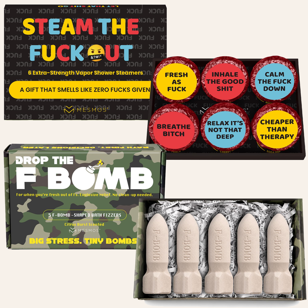 The funny gift set: the camouflage Drop The F-Bomb box with five bomb-shaped bath fizzers, above the Steam The F*ck Out box of shower steamers labelled Fresh As F*ck, Inhale The Good Sh*t, Calm The F*ck Down, Breathe B*tch, Relax It's Not That Deep and Cheaper Than Therapy.-
