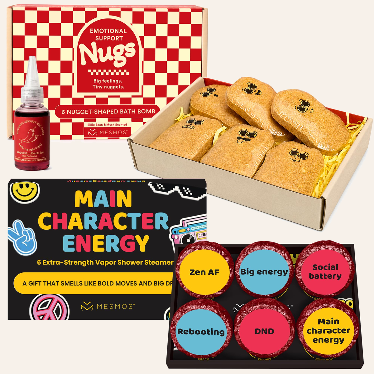 The teen gift set: the red checkered Emotional Support Nugs box with six nugget-shaped bath fizzers and a bottle of red bubble bath sauce, above the Main Character Energy box of shower steamers labelled Zen AF, Big energy, Social battery, Rebooting, DND and Main character energy.-