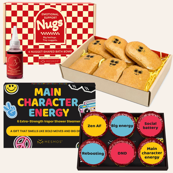 The teen gift set: the red checkered Emotional Support Nugs box with six nugget-shaped bath fizzers and a bottle of red bubble bath sauce, above the Main Character Energy box of shower steamers labelled Zen AF, Big energy, Social battery, Rebooting, DND and Main character energy.