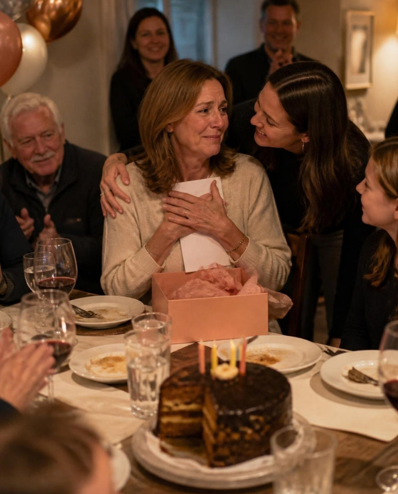 A mother in her fifties at her family birthday dinner, holding the open Mesmos Mom Series box while her daughter hugs her