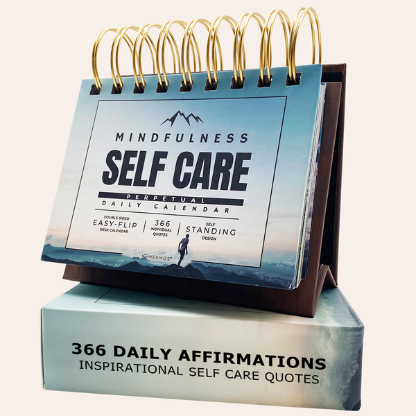 The Mindfulness Self Care flip calendar standing on its easel. 366 daily affirmations and inspirational self-care quotes.