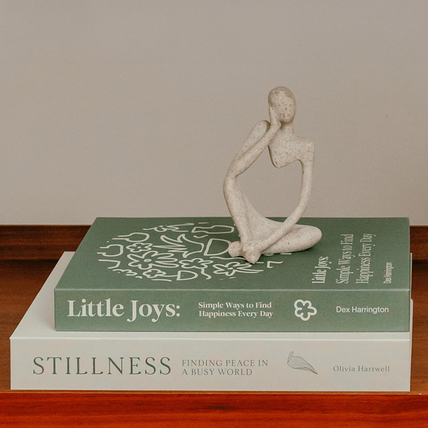Two decorative storage books, Mindfulness and Stillness covers