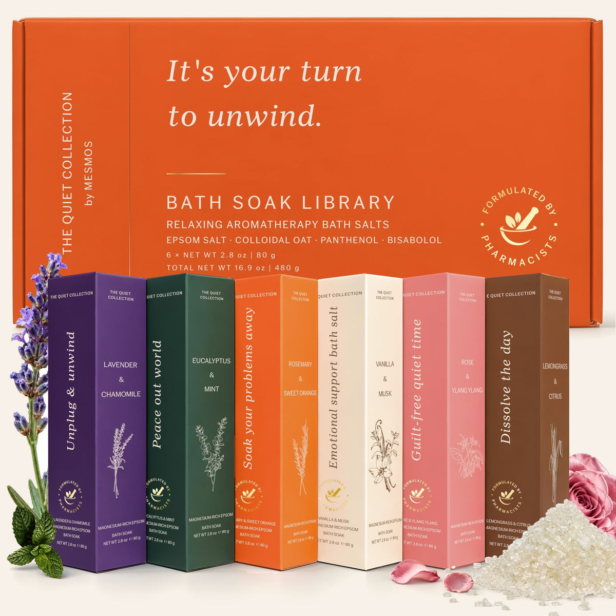 Quiet Collection Bath Soak Library: orange gift box with six scented Epsom bath salt boxes and salt crystals-1