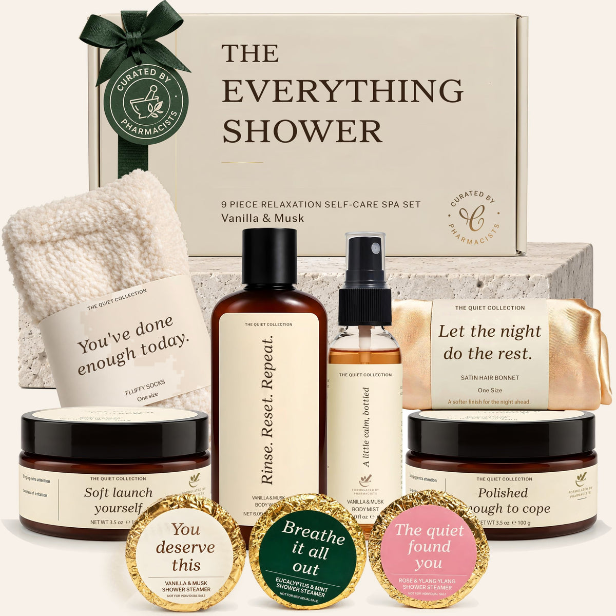 The Everything Shower cream gift box with body wash, mist, body scrub, body butter, socks, satin bonnet and three shower steamers-