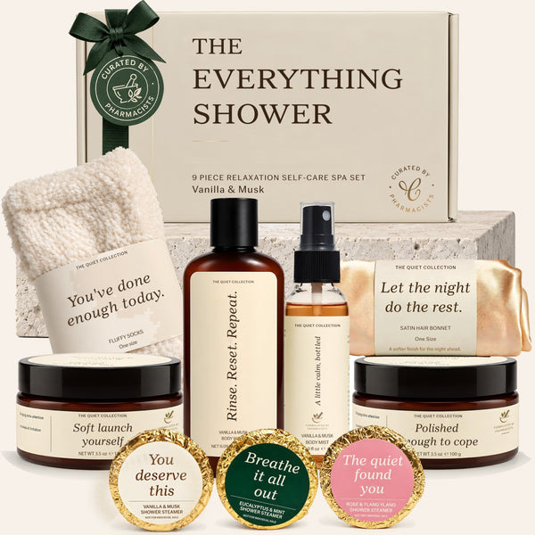The Everything Shower cream gift box with body wash, mist, body scrub, body butter, socks, satin bonnet and three shower steamers
