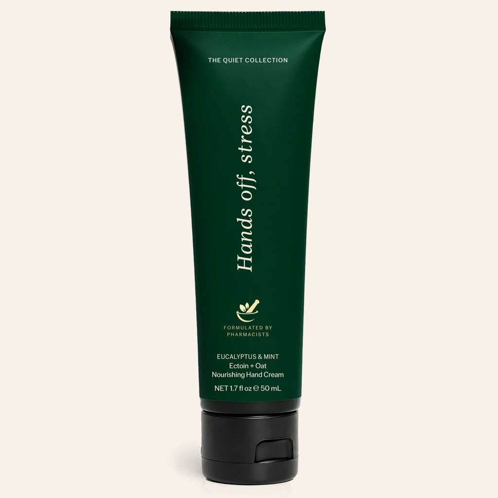 Eucalyptus and mint hand cream, dark green 1.7 oz tube printed Hands off, stress