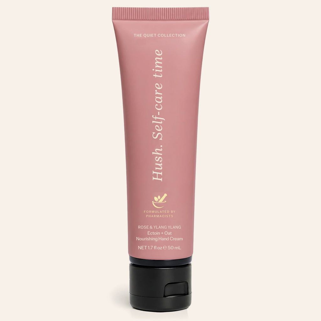 Rose and ylang ylang hand cream, pink 1.7 oz tube printed Hush. Self care time.