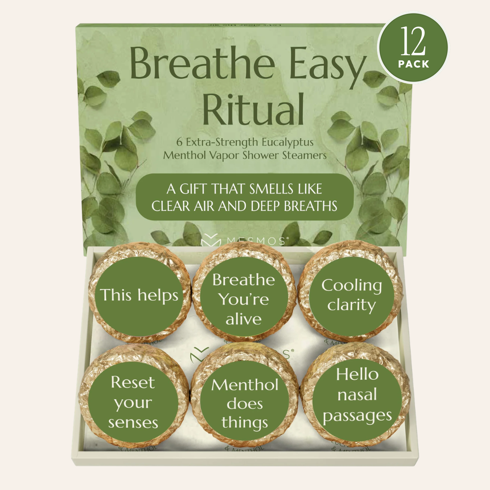 Open box of six Eucalyptus Menthol shower steamers with a 12 Pack badge. The 12 pack ships as two boxes of 6.-1