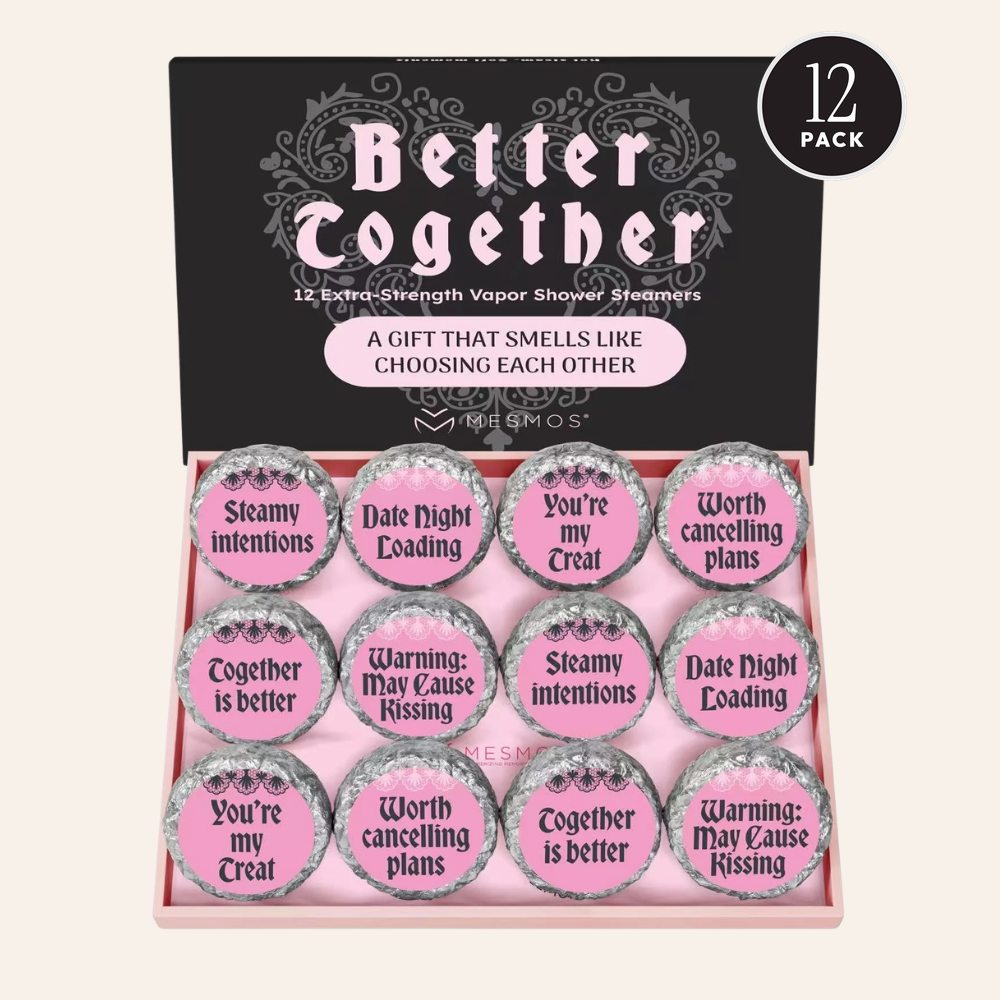 Open box of twelve Couples Series shower steamers with a 12 Pack badge.
