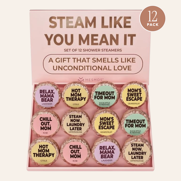 Open box of twelve Mom Series shower steamers with a 12 Pack badge.