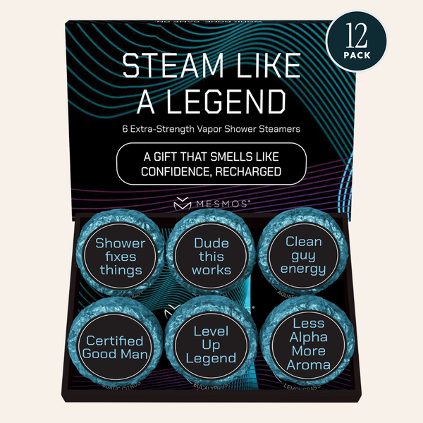 Open box of six Men's Series shower steamers with a 12 Pack badge. The 12 pack ships as two boxes of 6.