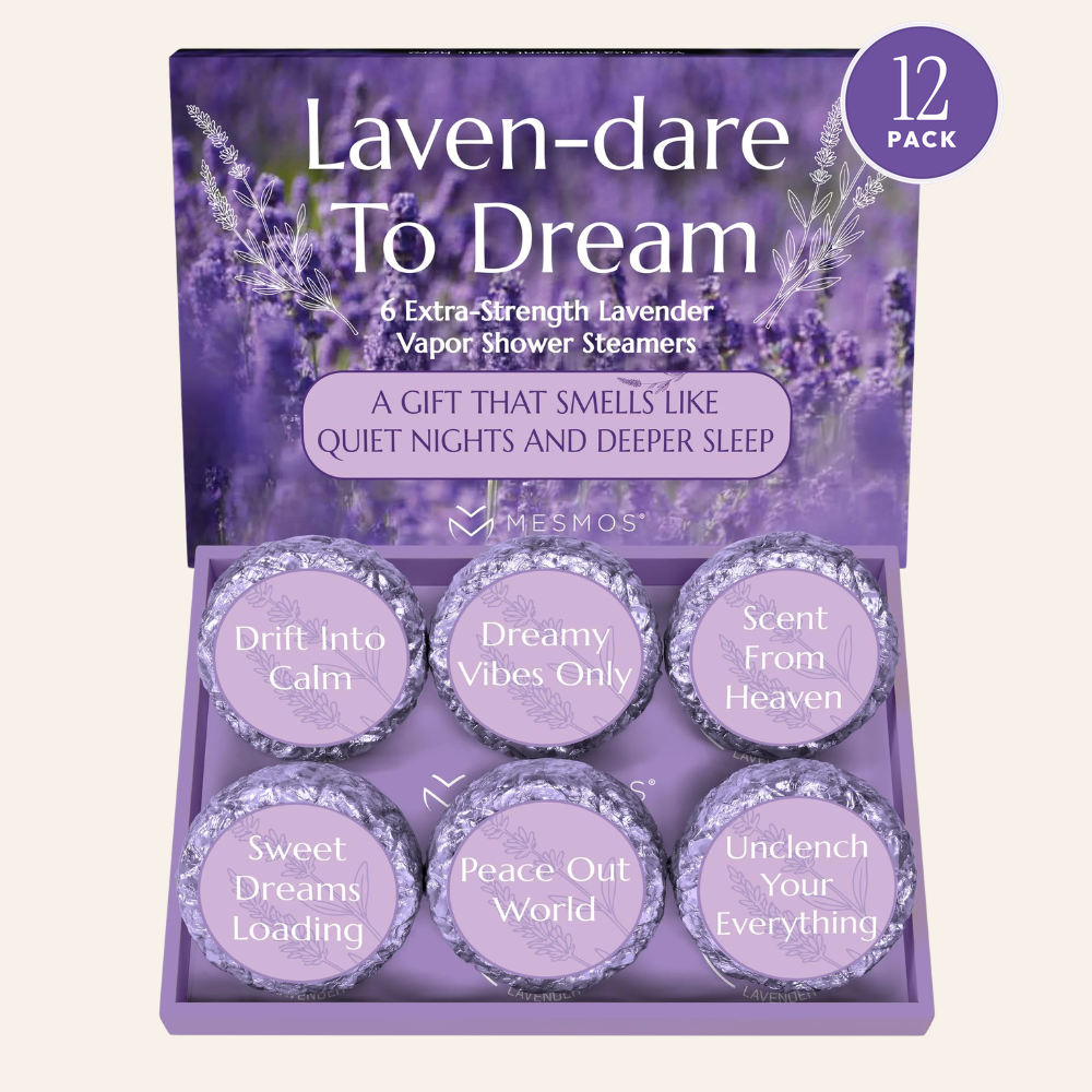 Open box of six Lavender shower steamers with a 12 Pack badge. The 12 pack ships as two boxes of 6.-1