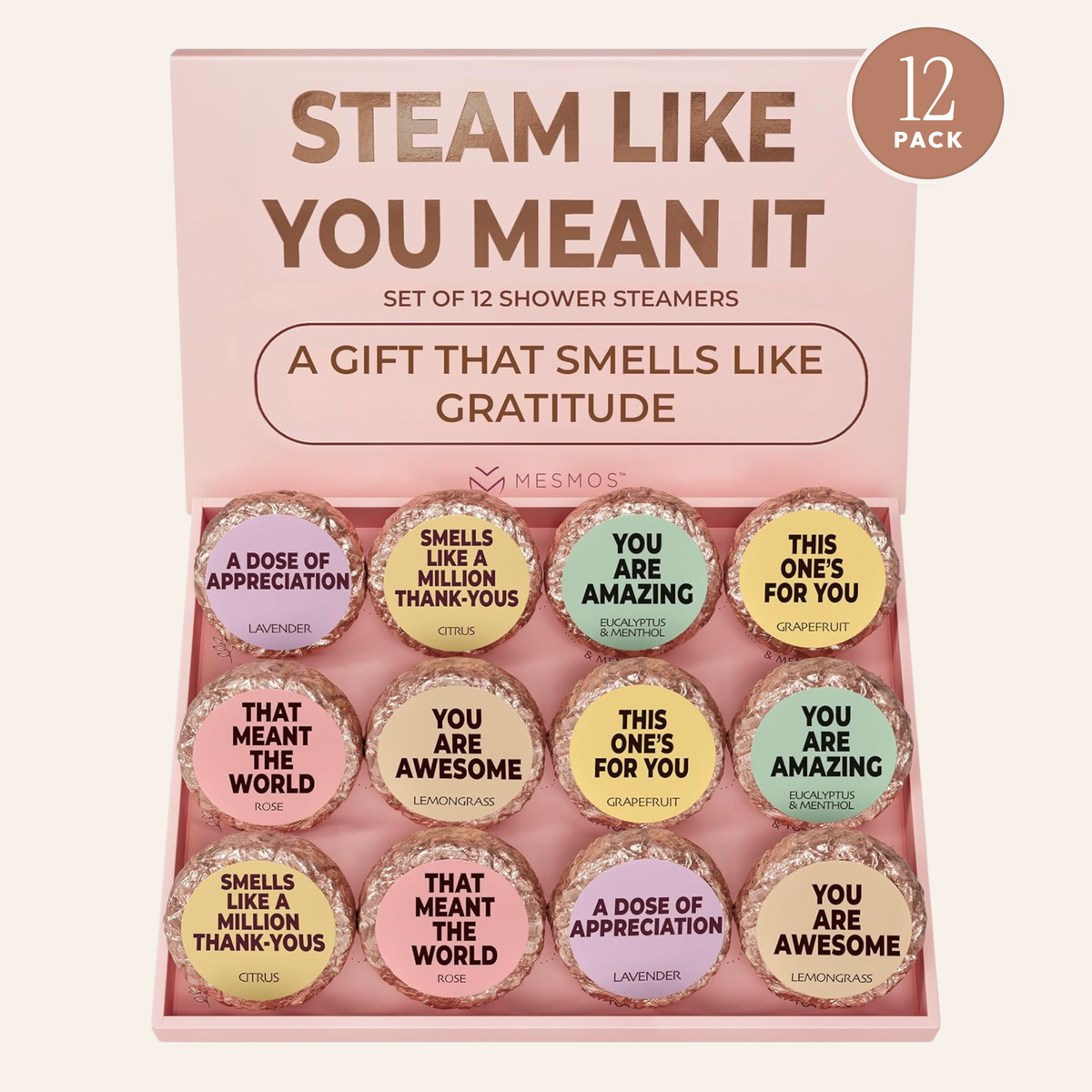 Open box of twelve Thank You Series shower steamers with a 12 Pack badge.-1