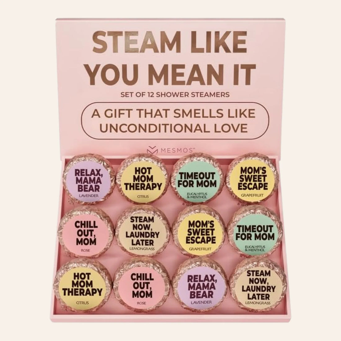 The Mom Series 12-pack, twelve foil-wrapped shower steamers